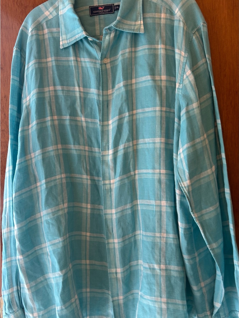 Vineyard Vines Men’s Surfside Linen Turquoise White Plaid Button-Down Shirt
